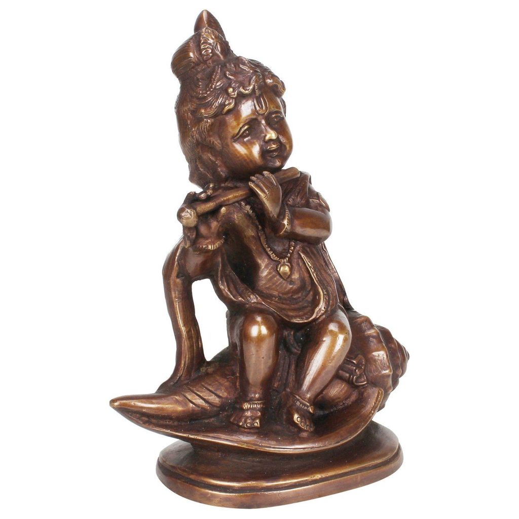 ARTVARKO Brass Metal Multicolor Small Size Krishna Statue Idol Sitting On Conch Shankh with Flute for Blessing Home Decor Pooja Mandir Height 8 Inch view 2