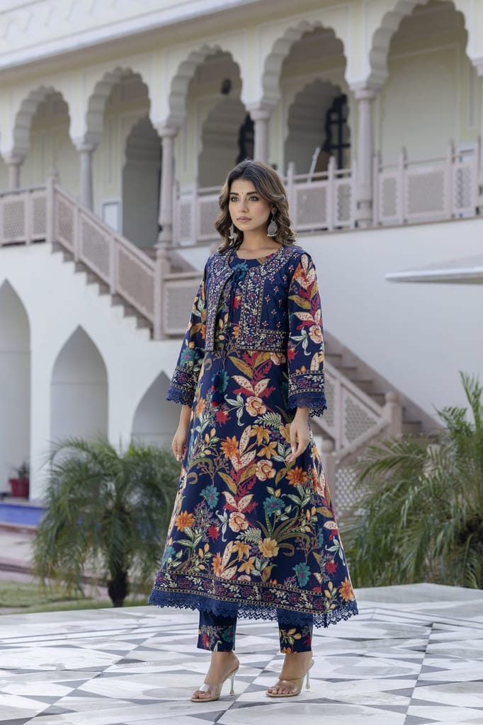 Navy Blue Floral Embroidered Suit Set view 2