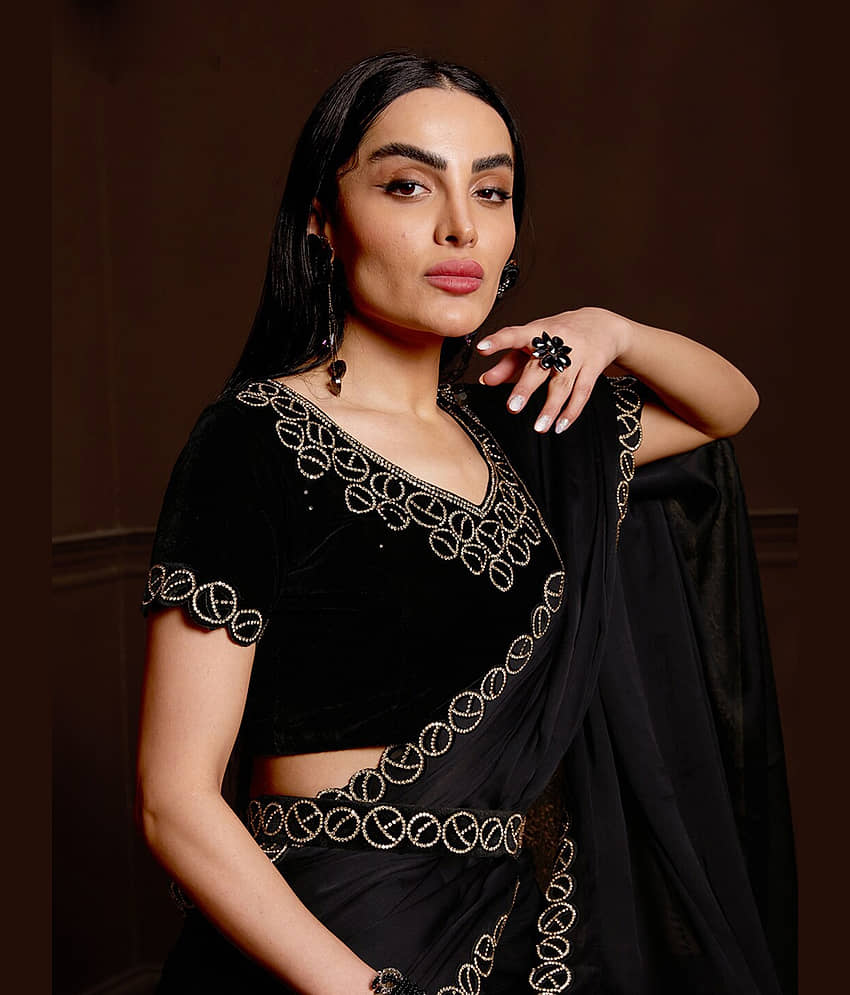 BLEESBURY Satin Embellished Saree With Unstitched Blouse Piece ( Black ) view 2