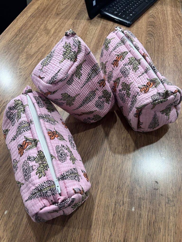 Pink Floral Print Cosmetic Bags Set of 3, Zippered Cotton Fabric Bags, 3 Pieces, Travel Organizer view 2