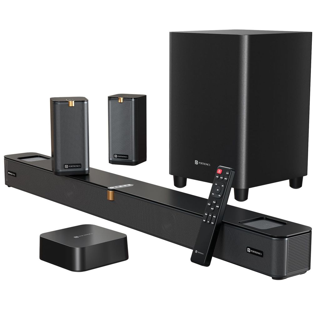 Portronics 600W Sound Slick X1 5.1.2 CH Dolby Atmos Soundbar Home Theatre with Wireless Satellite Speaker, Wired Subwoofer, Wide Comptability, HDMI ARC, Bluetooth & Optical Connectivity (Black) view 2