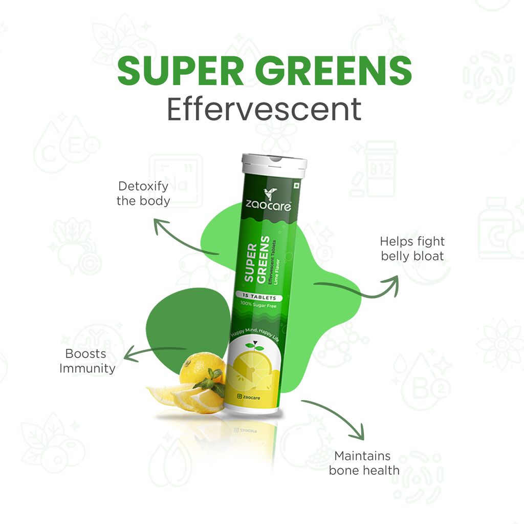 Zaocare Supergreens Effervescent Tablets for Men and Women | Daily Fibers For Tummy Fat Burn, Boosts Immunity, and Gut Detox | 15 Tablets Pack (1 Tablet Daily) view 2