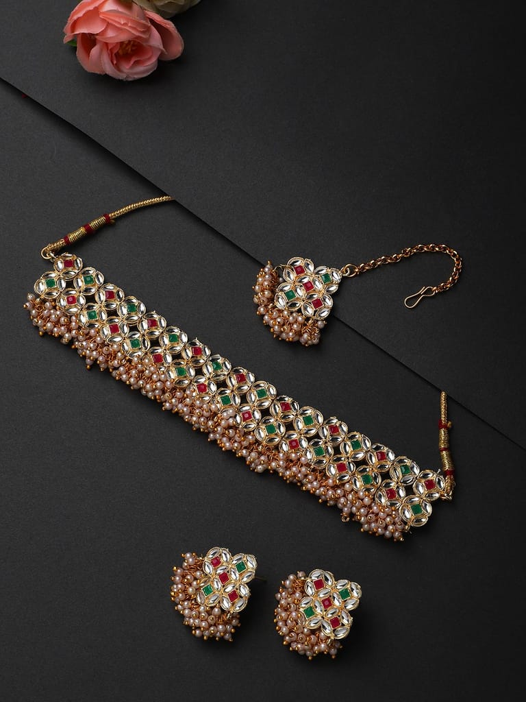 Cardinal Gold Plated Multicolor Stone Choker Necklace Set and Maang Tika view 2