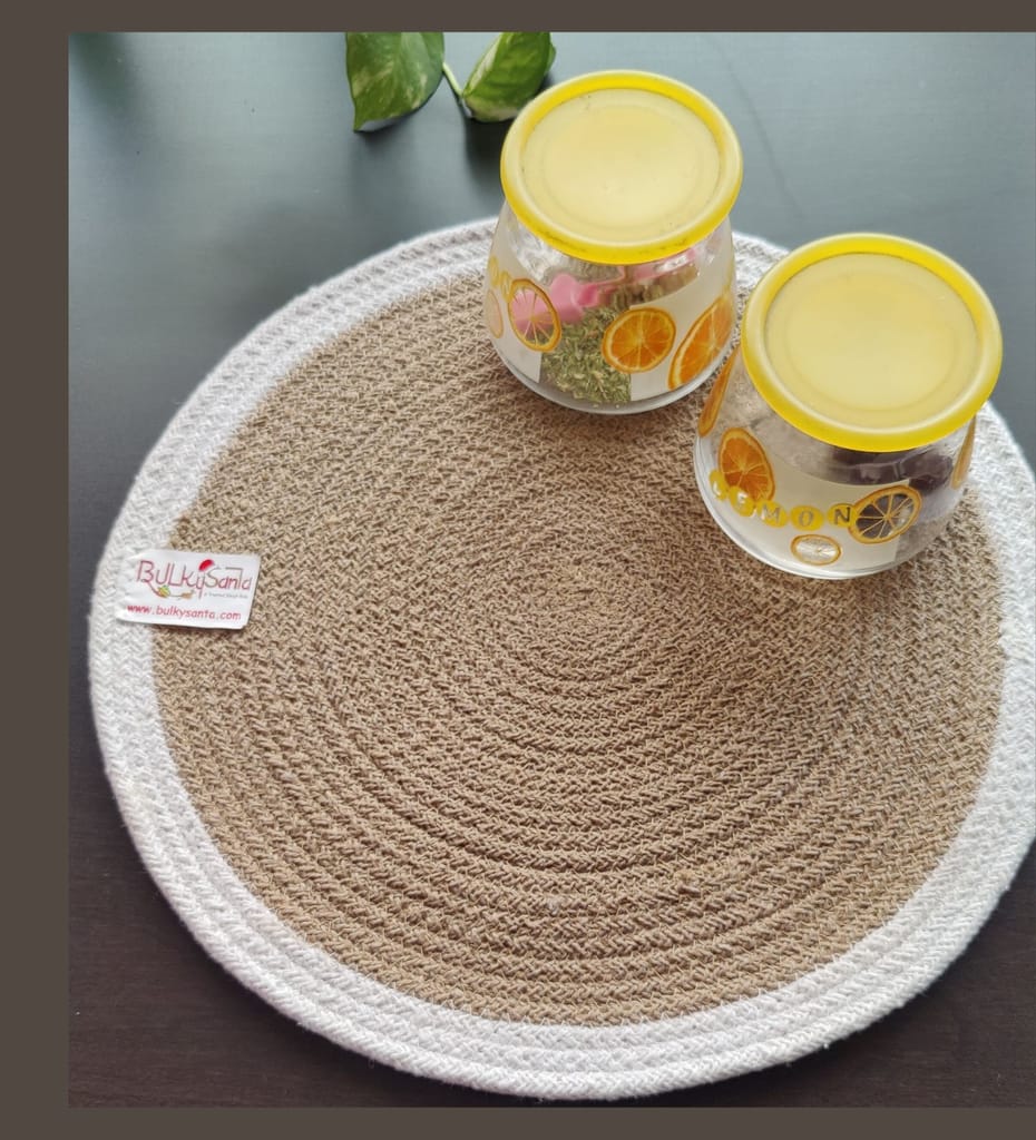 Round table mats cotton placemats (pack of 2) | Dining table mats 14", Heat Resistant, Reversible Use (White - Beige) by Bulky Santa view 2