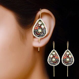 Vivastri Mayur Enamelled Polki Kundan Gold Plated Pearl Alloy Ear cuff,Cuff Earrings for Women & Girls - VIVA2809ERG view 2