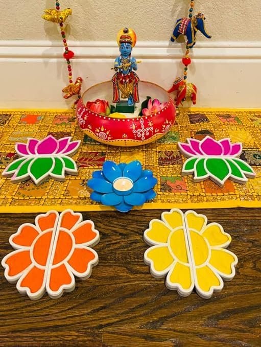 The Brown Box-Island Rangoli-Shree Yantra Flower Design Template, Rangoli Making kit with Colors and Glitter, Reusable, Portable, Floating, Readymade, Easy Rangoli Stencils, Diwali Decor. view 2