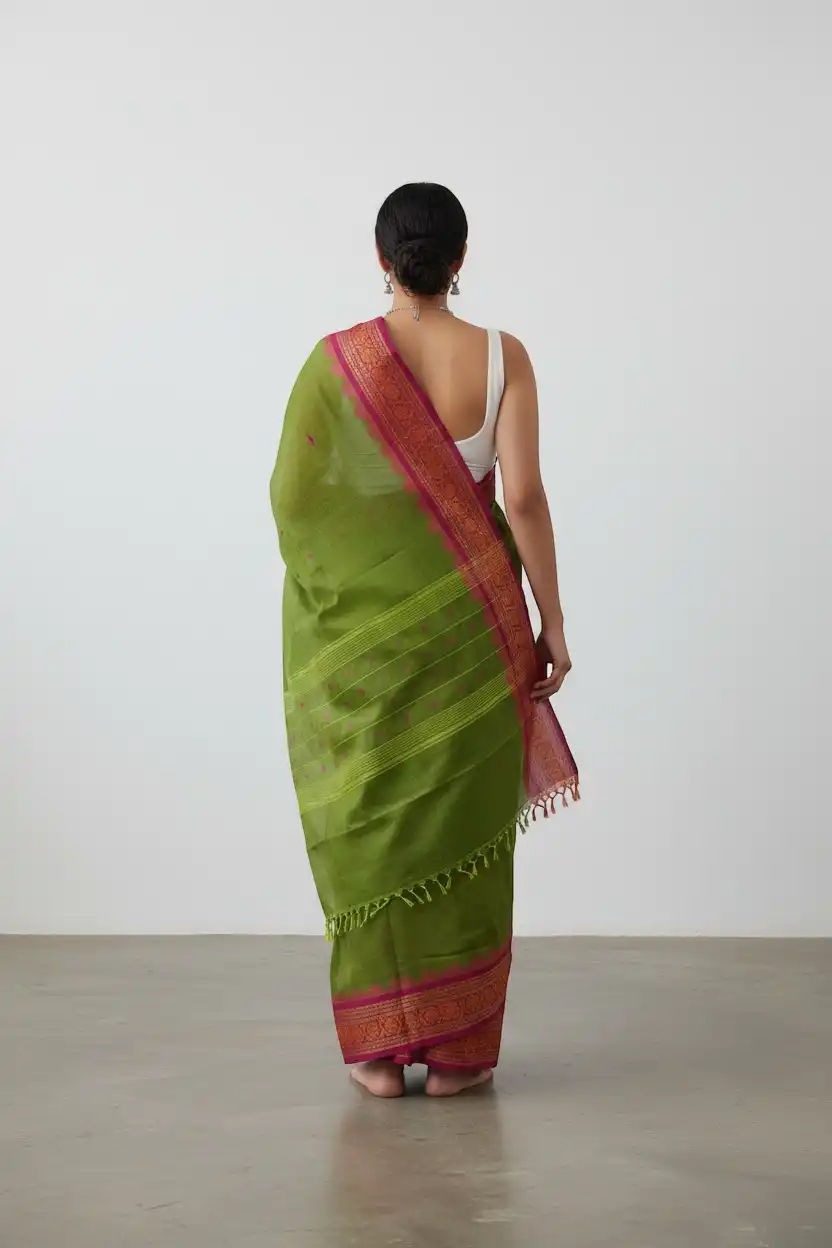Kanchipuram Handloom Cotton-Silk Saree in Olive Green with Woven Borders view 2