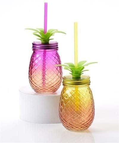 Pineapple Shape Glass Mason Jar with Straw Multi-Color Air-Tight Lids | 450 ML | Wide Mouth Tumbler for Cocktails, Juices, Shakes view 2