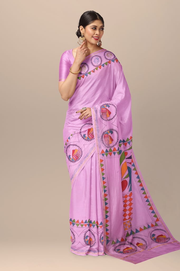 Pink Gond Bird Painting Handwoven Hand Painted Sausar Silk Saree SKU-AS10031 view 2