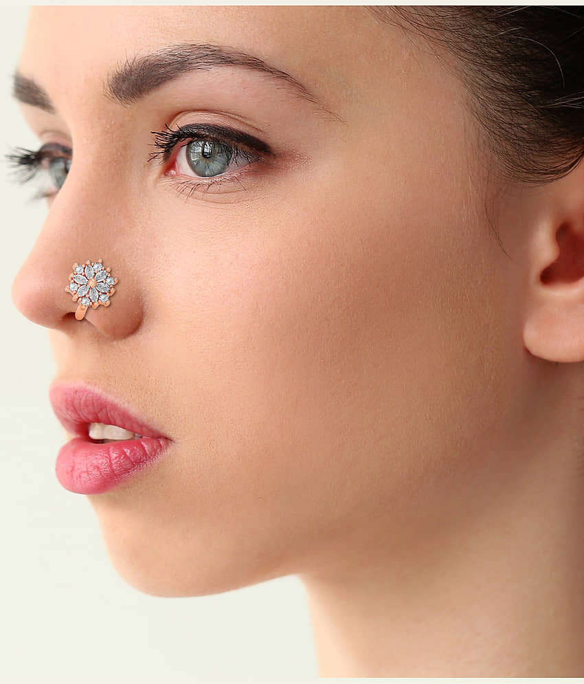 Wester Look Daily Wear Rose Gold Plated AD Stone Nose Rings For Women And Girls view 2