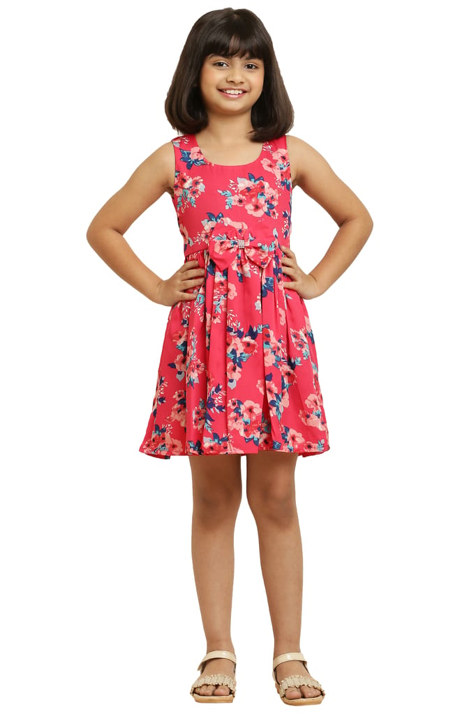 Stylish Pink Flower Printed Frock with Bow & for Girls.