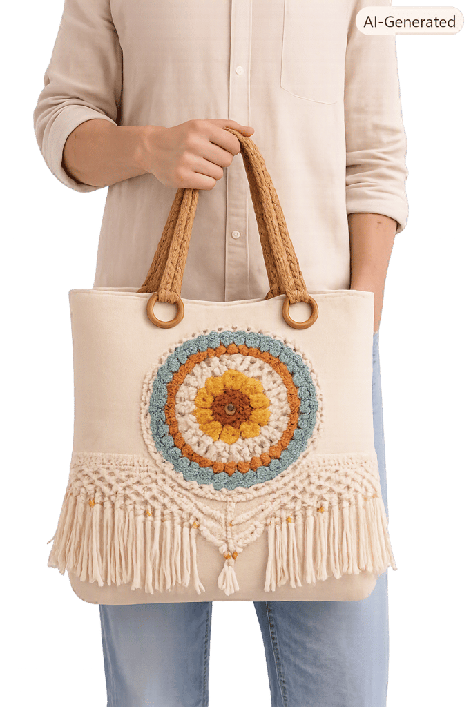 Embroidered Birdhouse and Tree Small Linen Bag with Lace Trim view 2