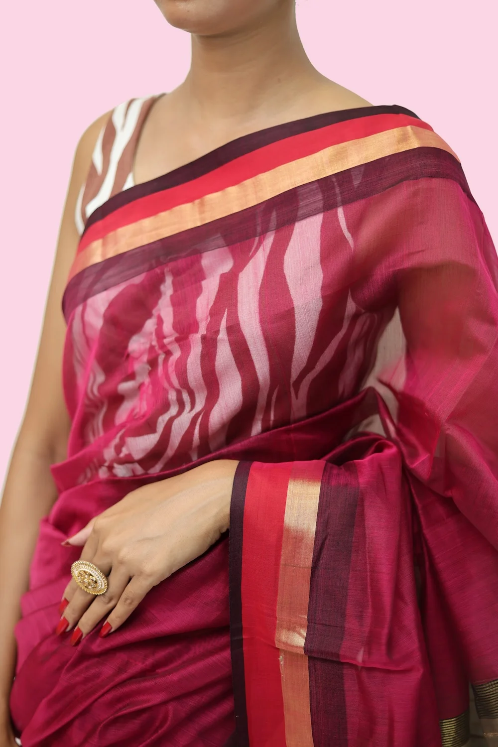 Legacy Kosa Pallu Rani Pink Black handloom Saree with Tassels view 2