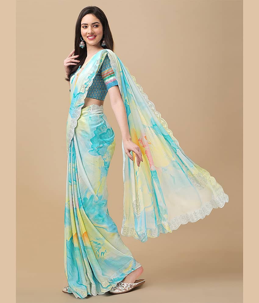 BLEESBURY Chiffon Embellished Saree With Unstitched Blouse Piece ( SkyBlue ) view 2