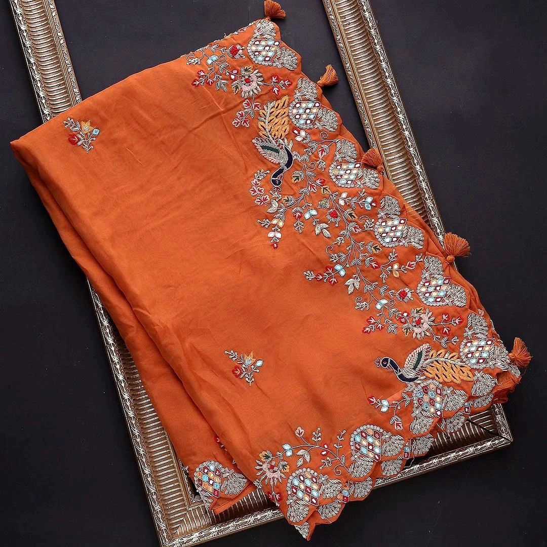 Orange Rangoli Silk Saree with Embroidery (Color - Orange) by SHIV TEXTILES view 2