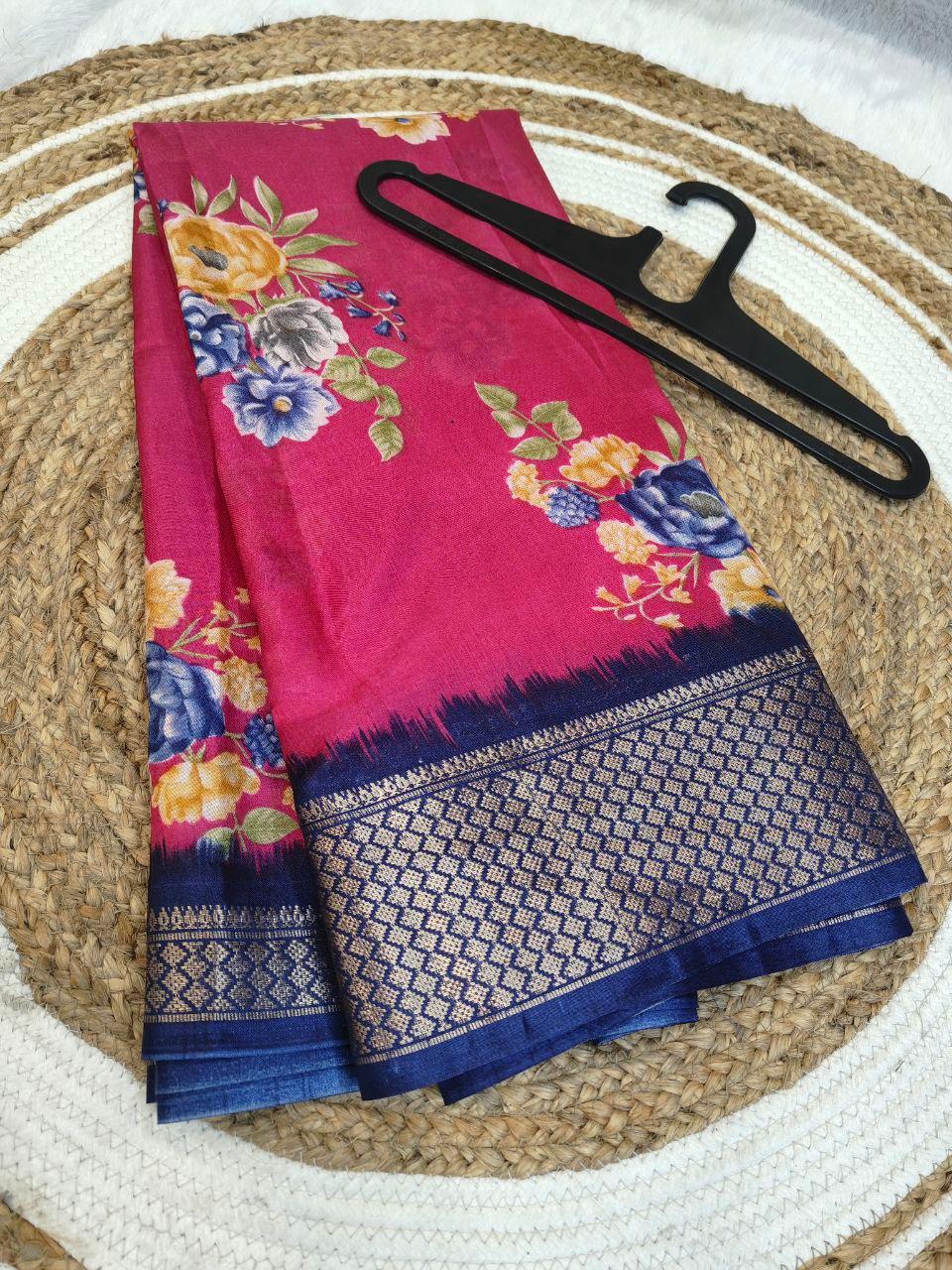 Flower Printed dola silk saree with blouse view 2