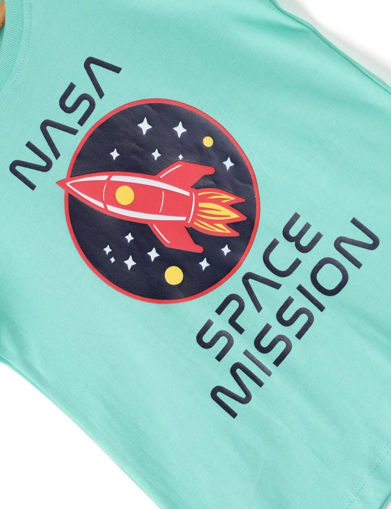 Boys T shirt Cotton Biscay Green Space Mission view 2