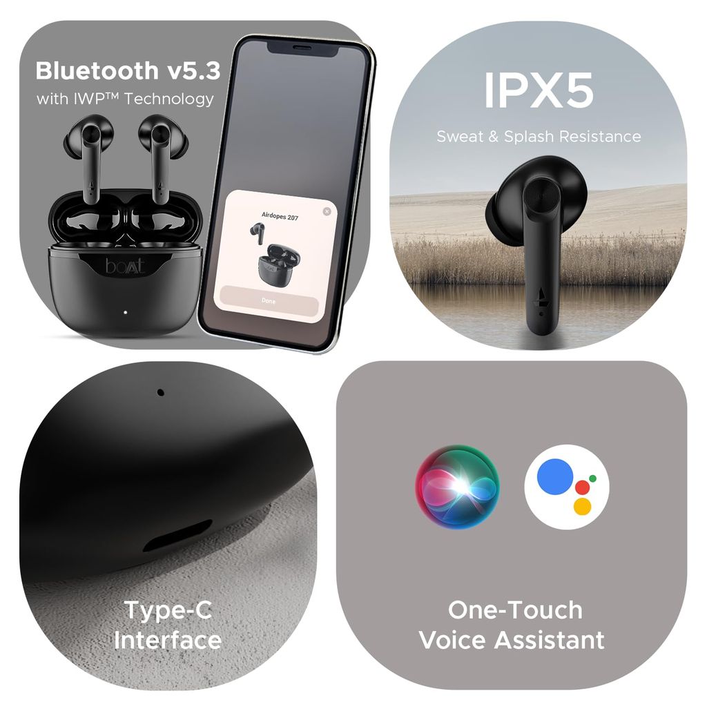 Boat Airdopes 207 TWS in Ear Earbuds with 50 Hrs Playtime, Quad Mics with Enx Tech, ASAP Charging, Iwp Tech, Beast Mode with 50 Ms Low Latency, Bluetooth V5.3, USB Type-C Port & Ipx5(Carbon Black) view 2