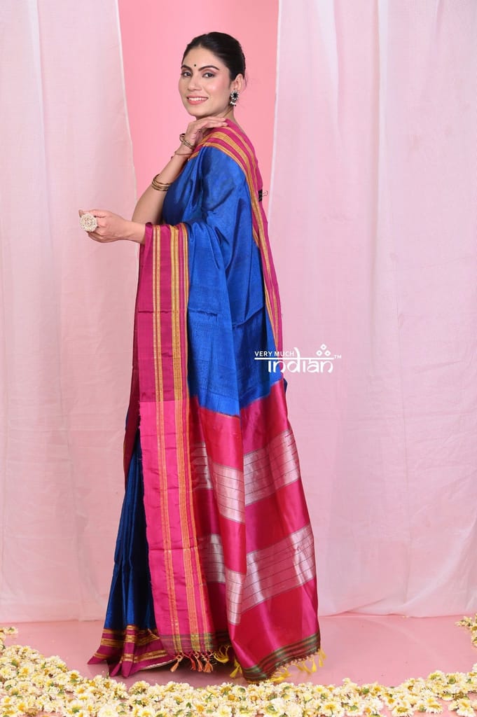 Pehal~ Traditional Handloom Navy Blue Ilkal with Red Border & Resham Pallu view 2