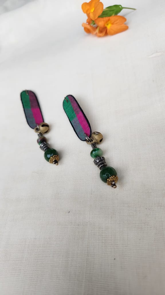 Green and pink fabric earrings with bells and jade beads view 2