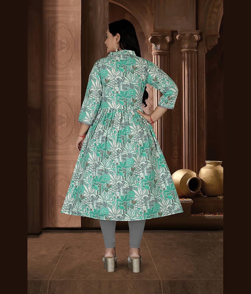 RIAANA Women Cotton Printed Anarkali Kurti ( Green ) view 2