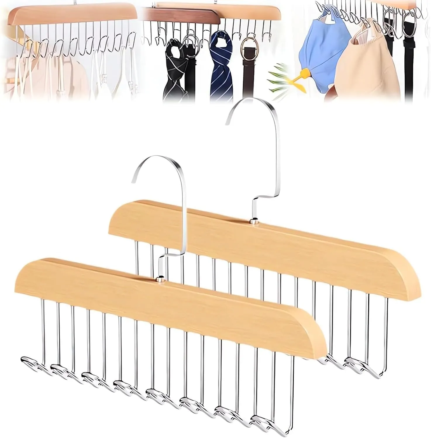 Multipurpose 8 Hook Non-Slip Hanger for Lingerie, Bra, Belt, Tie & Scarf Organizer | Adjustable Rotating Closet Storage Hanger | Space Saving Wardrobe Organizer (Wooden/Metal) (Pack of 2)