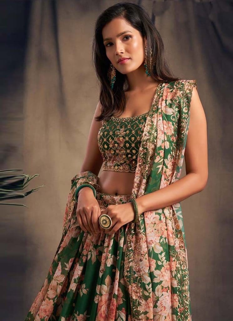 Green Wedding Wear Floral Print Embroidery Work Lehenga Choli view 2