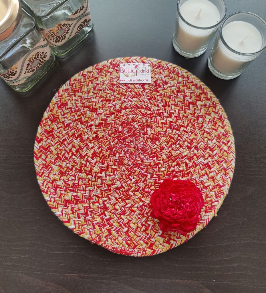 BulkySanta Cotton Place mats 22 cm (9") Round Table Mats, Heat Resistant, Reversible Use, Washable (RED-Yellow) (Pack of 1) view 2