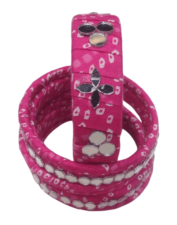 oxidised silver mirror work pink lac bangles view 2