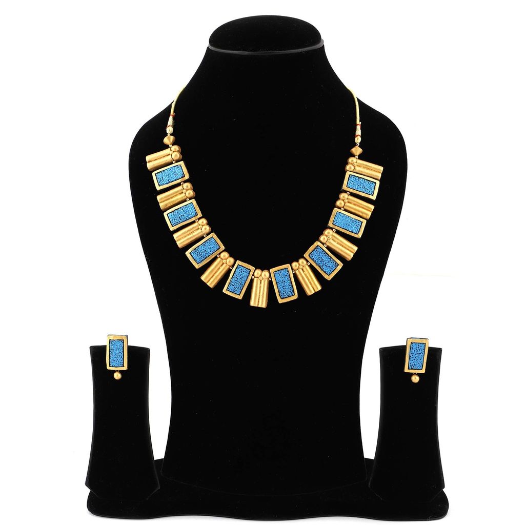 EKAM EK terracotta neckset with earrings for women and girls in topaz blue and gold rectangular shape for casual and formal wear for saree, suit and skirt for festivals view 2