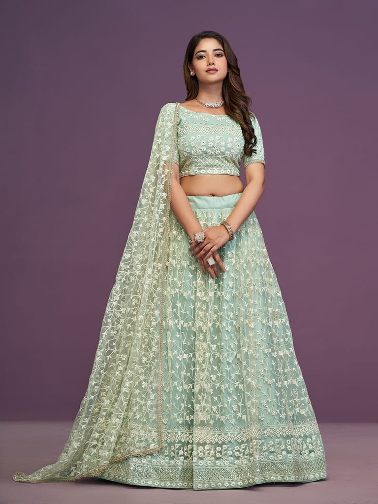 Pista Green Soft Net Thread Embroidery Work Lehenga Choli For Wedding