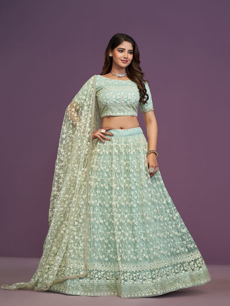 Pista Green Soft Net Thread Embroidery Work Lehenga Choli For Wedding view 2