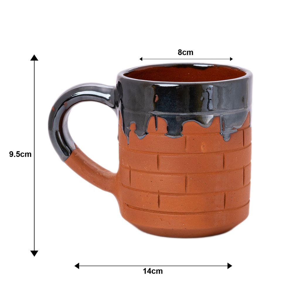 Sowpeace Terracotta Coffee Mug block pattern with black cermaic “Mug of Happiness” for kitchen and dining, premium artisan made utensils as serveware, for gift view 2