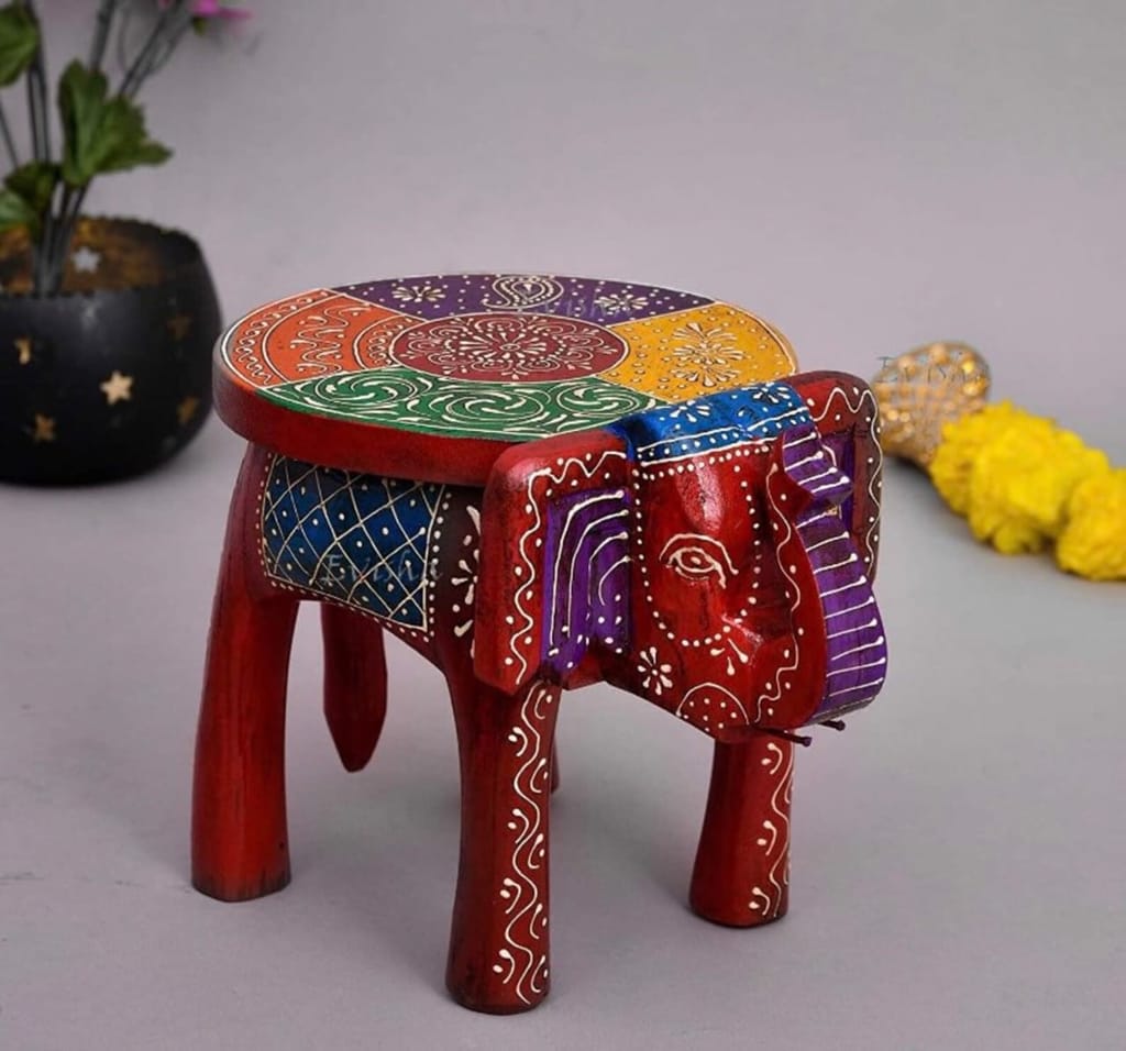 Wooden Elephant Stool Decorative Multi Colour Finish Elephant Table Indian Handicraft Hand Painted set 1 view 2