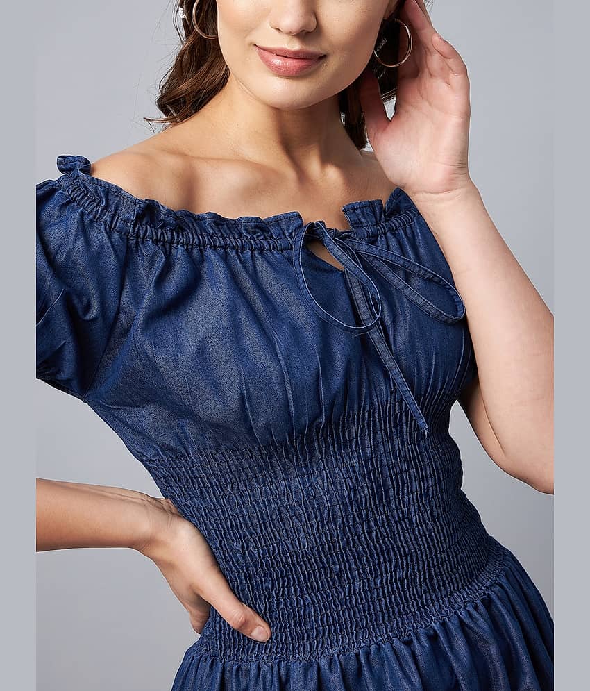 StyleStone Women Denim Solid Fit & Flare Dress ( Blue ) view 2