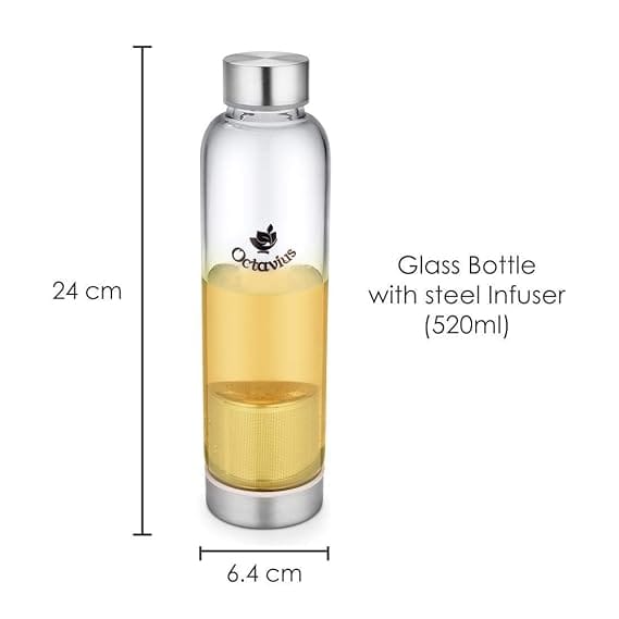 Octavius | Borosilicate Glass Bottle | Green Tea Bottle with Infuser - 520 Ml | Glass Infuser Water Bottle | Fruit Infuser Water Bottle | Tea Filter Strainer (520 ML) view 2