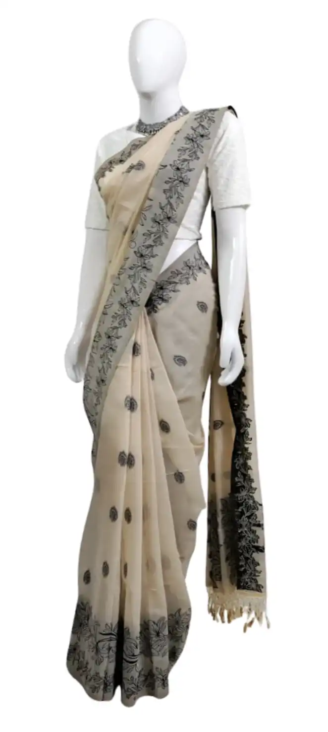 Odisha Handloom Cotton Saree Charcoal Lily Border Buti view 2