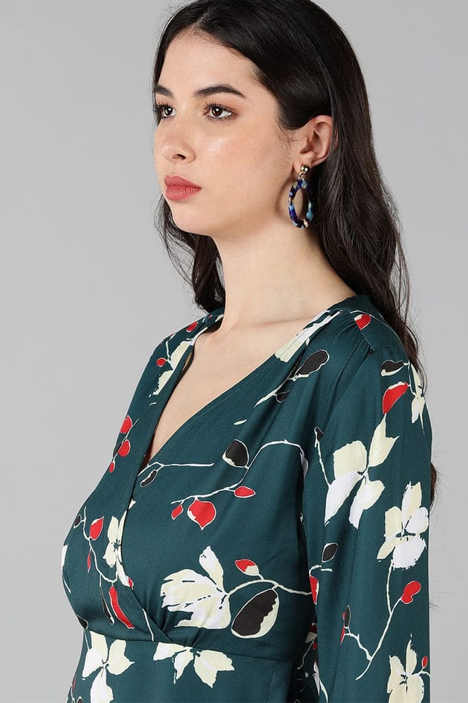 Green Polyester Floral Print Flared Mini Dress VD1160 view 2