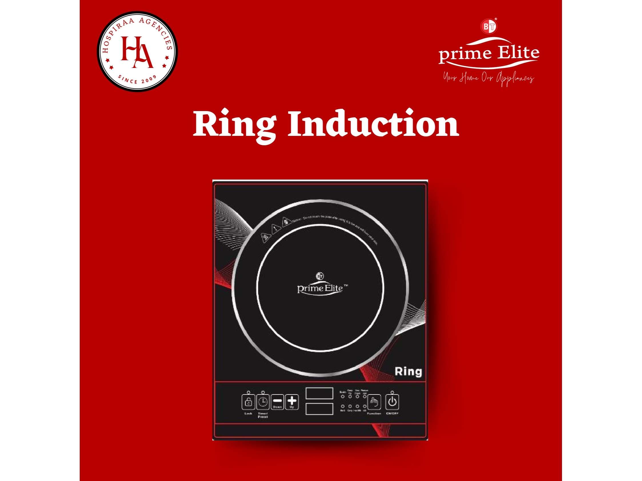 Prime Elite Ring Induction Cooktop 2000W Fast Heating Energy Efficient Auto Shut Off Overheat Protection Portable Electric Cooktop