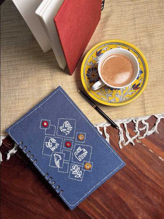 Handmade Blue Denim Spiral Notebook with Traditional Embroidery view 2