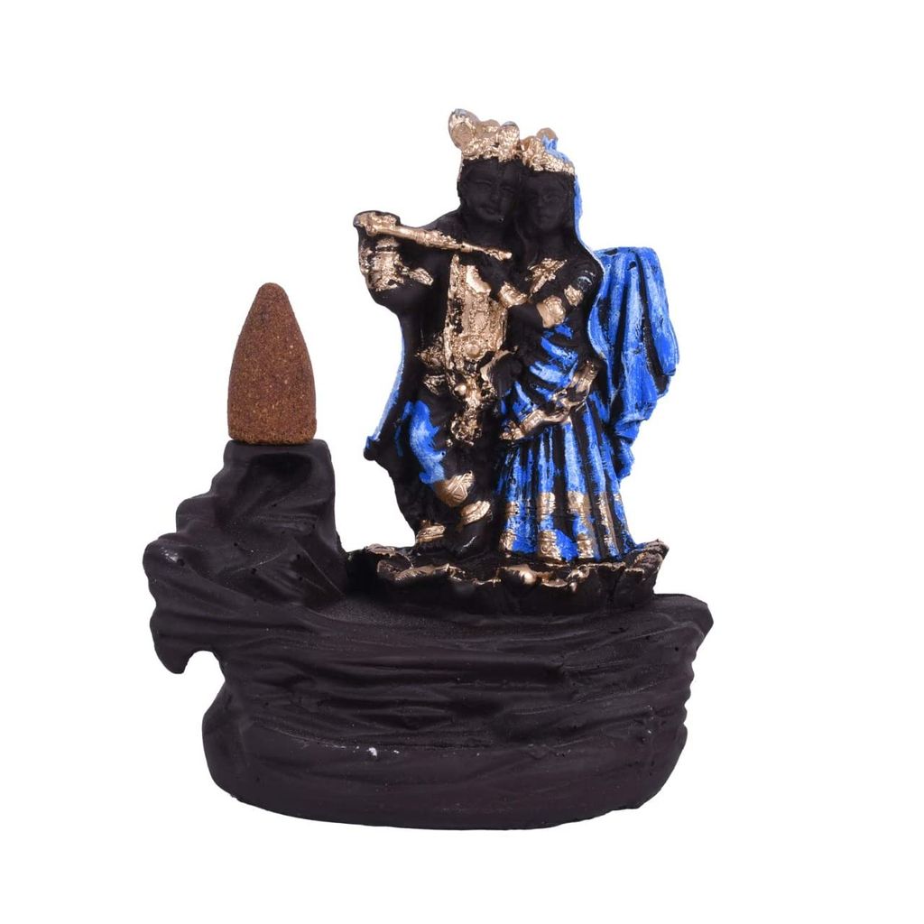 Resin Smoke Backflow Fountain Like Waterfall Radha Krishna Incense Holder Decorative Showpiece Gift with Free 10 Scented Cone Incenses (Blue). view 2