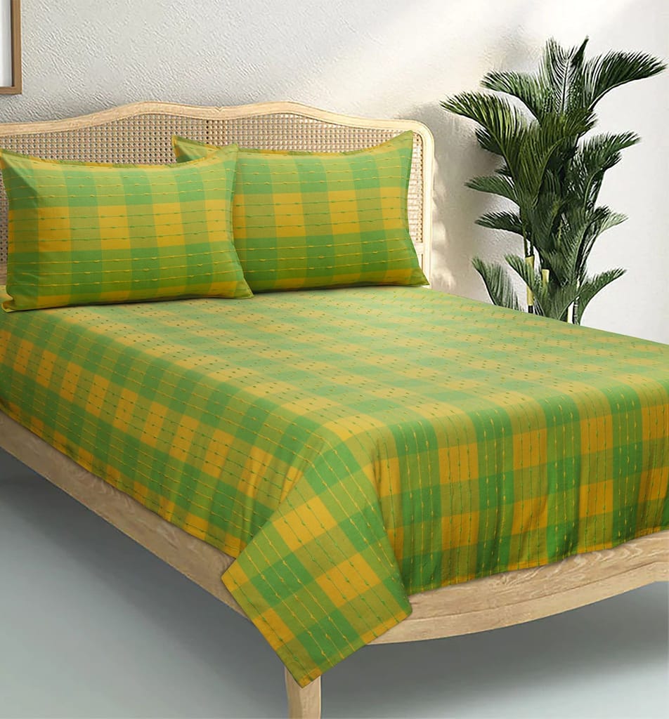 AIRWILL, 200GSM Handloom Cotton Double Bedsheet with 2 Pillow Covers, Beast Dobby Designer Weaved Green and Yellow - Pack of 3 pcs view 2