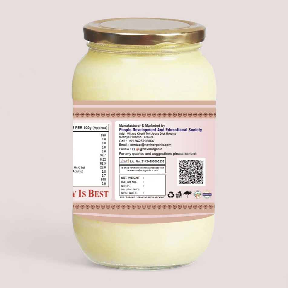 Navin Organic A2 Desi Buffalo Bilona Ghee, Made from Desi Buffalo Milk Ghee Glass Bottle view 2
