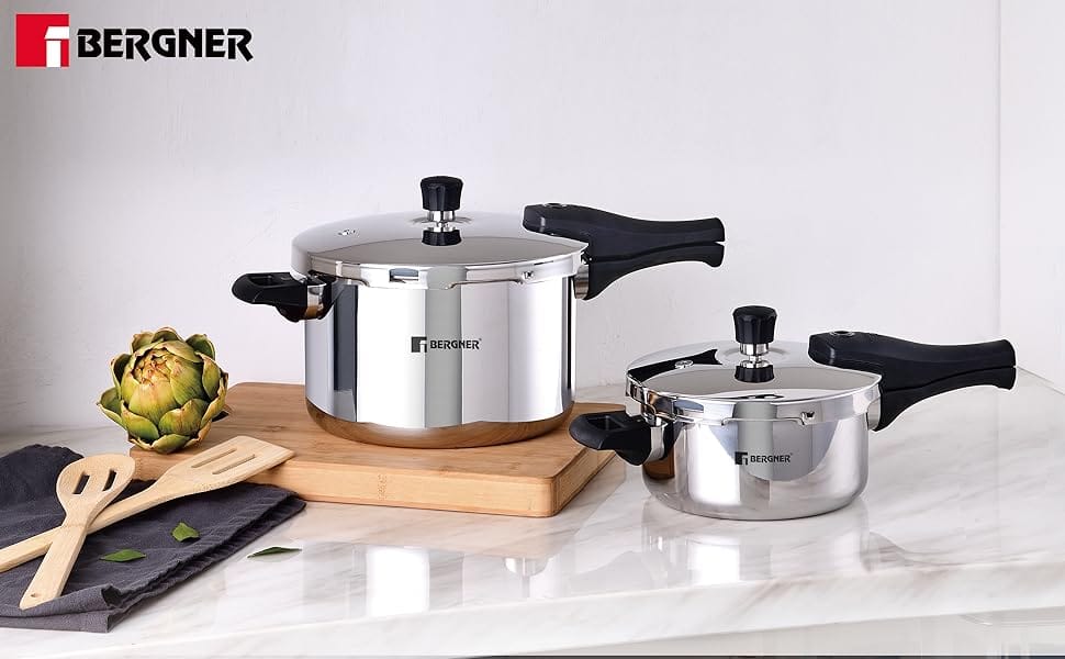 Bergner Argent Elements Triply Stainless Steel 3.5 L Outer Lid Pressure Cooker, Triply Bottom Pressure Cooker, Safety Gasket and GRS, Mirror Finish, Induction Bottom and Gas Ready - Silver view 2