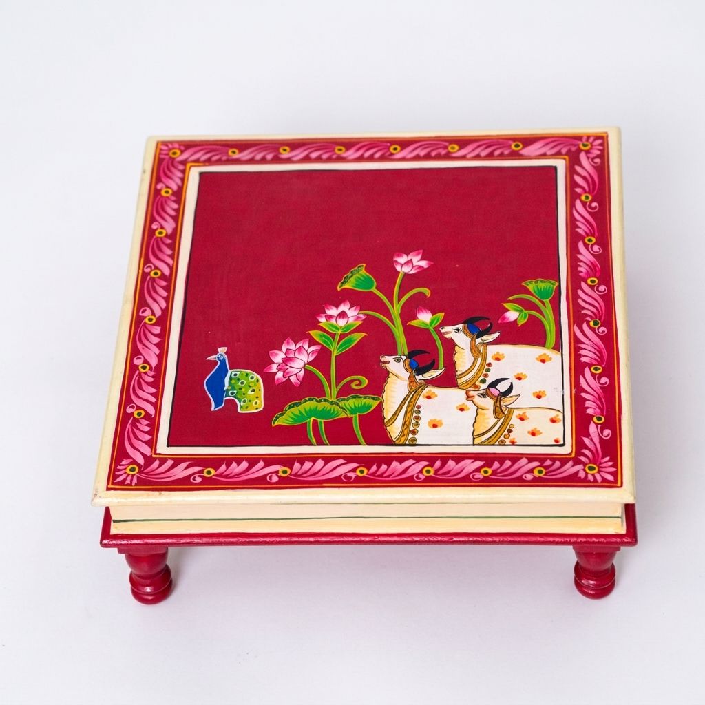 Hand painted pichwai art maroon color wooden chowki / Bajot view 2