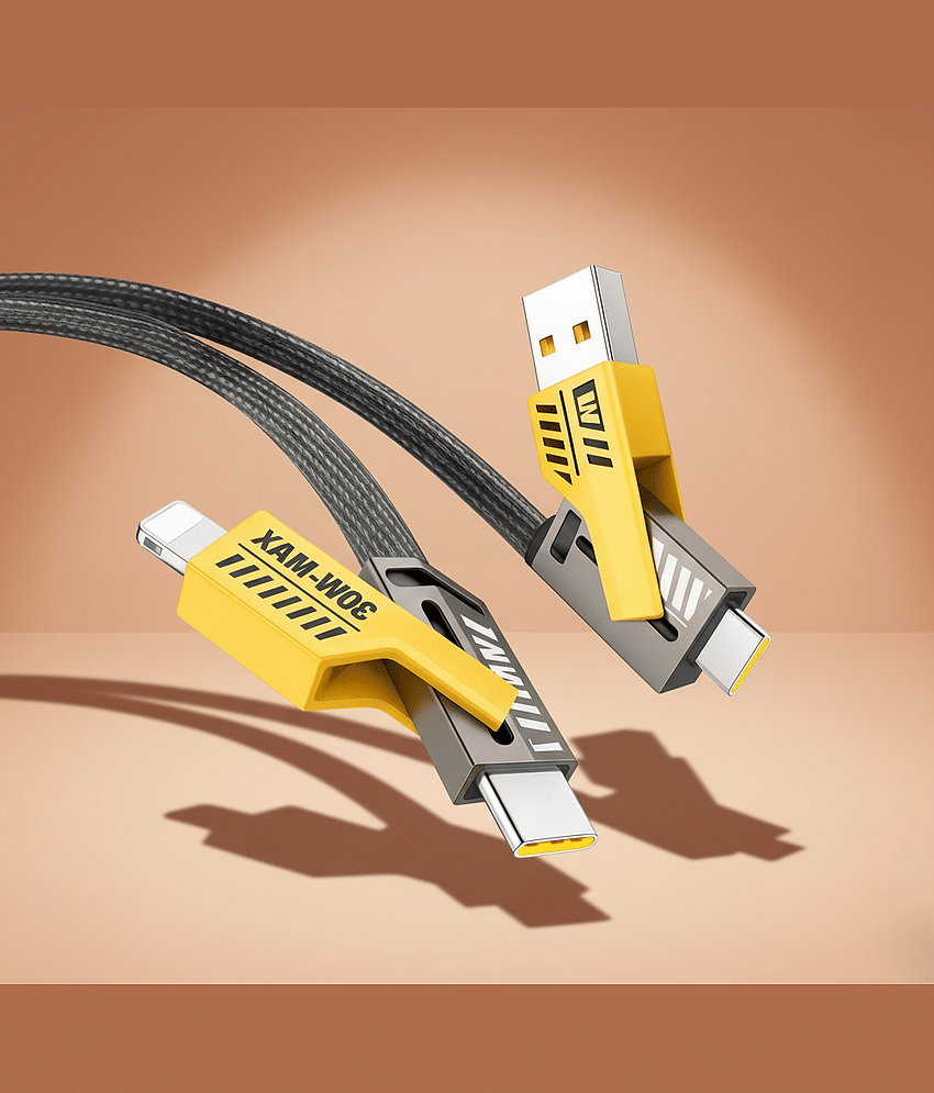 4-in-1 USB C Cable 65W [Fast Charging & Data Sync] Flat Braided Anti-Tangle iPhone Charger Cord with Multi Charging Cable Combo Type