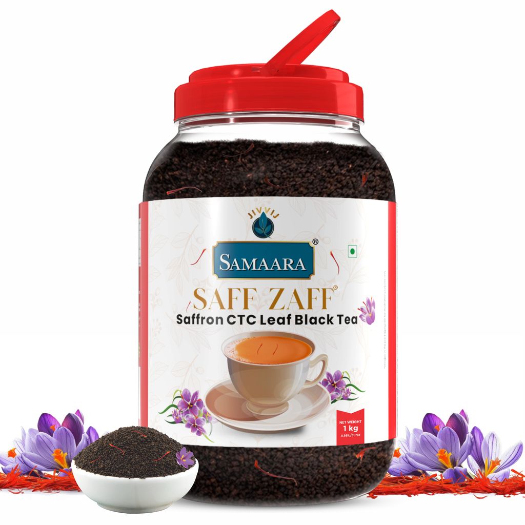 Jivvij Samaara Saffron Black Tea | Flavoured CTC Assam Black Leaf Tea | Kesar Chai Patti Powder | Saff Zaff Jar