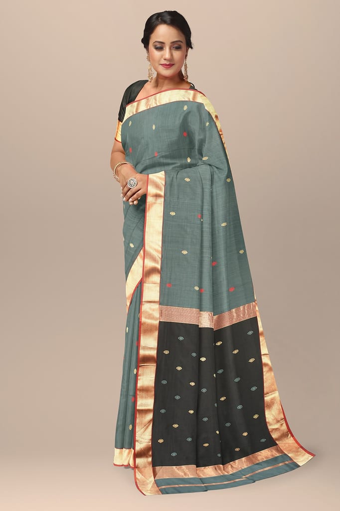 Castleton Green Buti Design Handwoven Maheshwari Silk Saree SKU-BS10053 view 2
