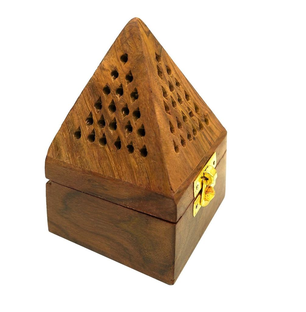 Handcrafted Wooden Pyramid Incense Burner with Metal Latch for Home Decor and Meditation view 2