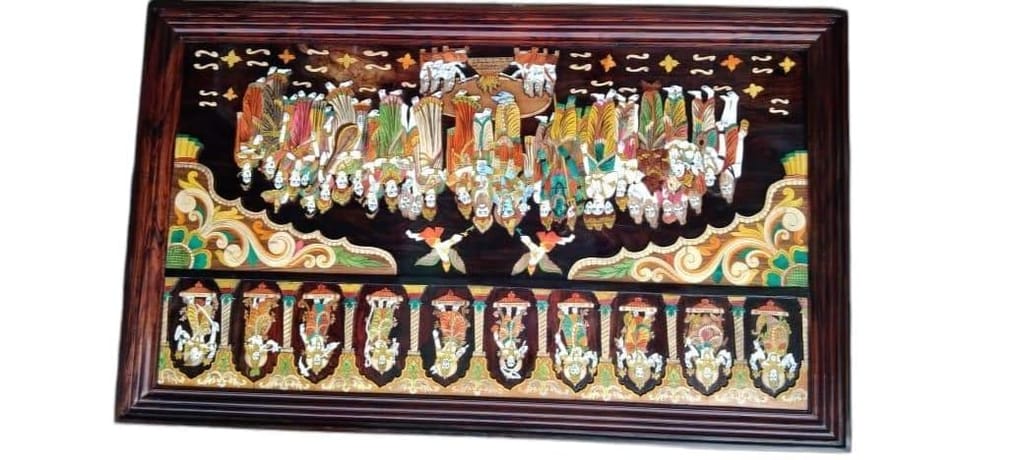 Lord Vishnu with family and devotee's wooden painting view 2